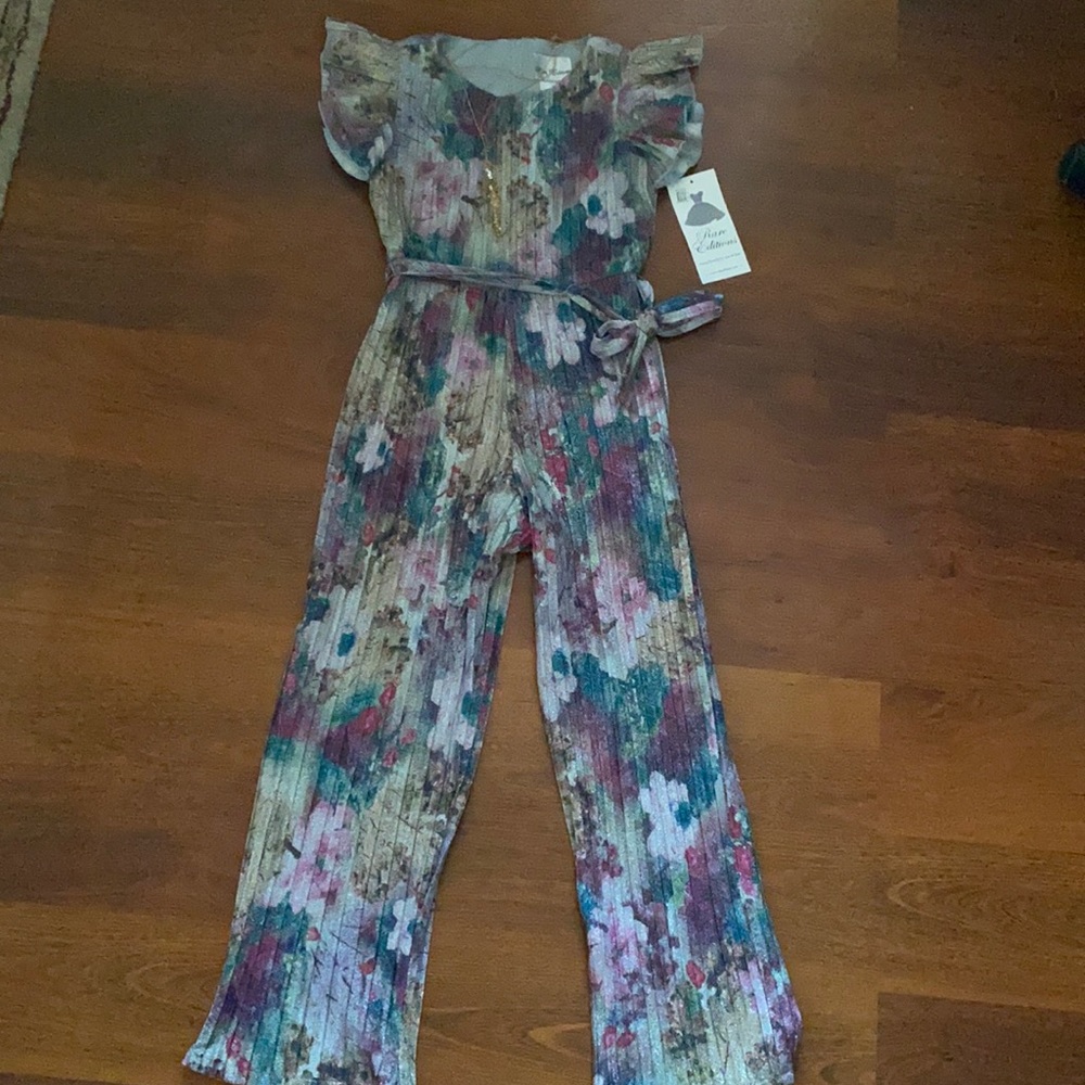 Big Girls Floral Shimmer Belted Jumpsuit